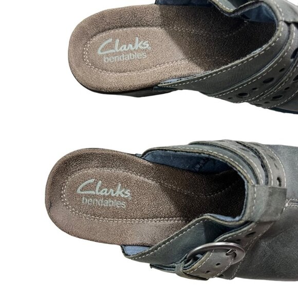 Clarks women's shoes 7 blue leather slip on 2.5" block heel round toe - Picture 3 of 9